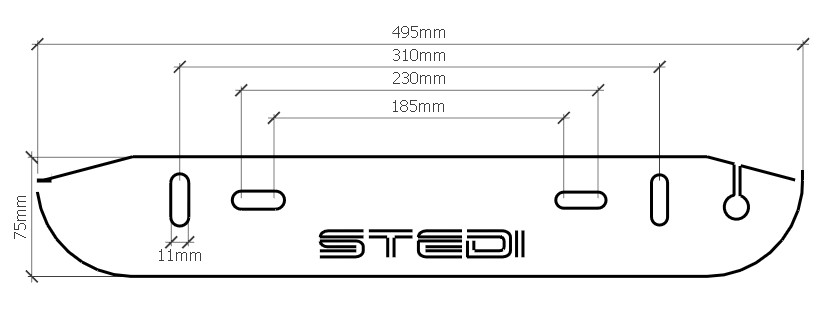 A black and white dimensional drawing of the STEDI™ Number Plate Bracket.