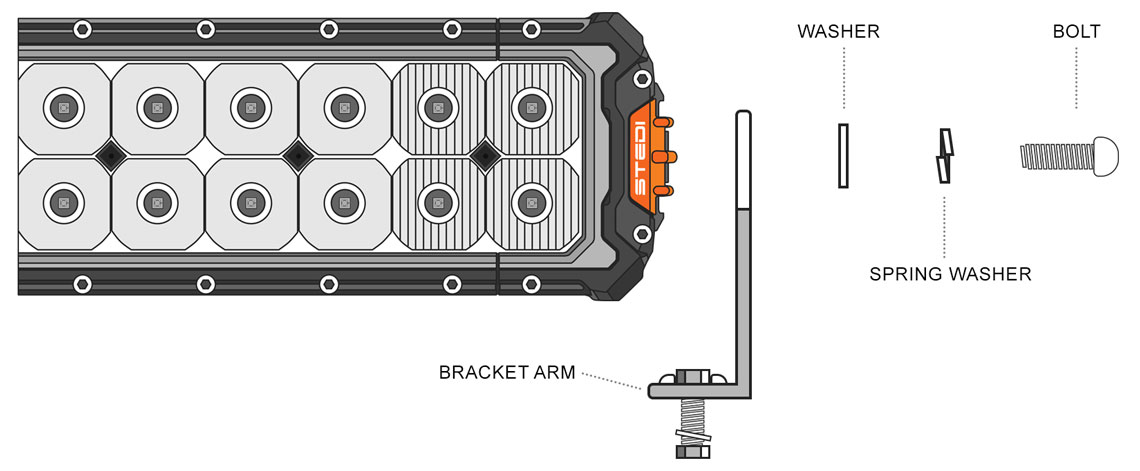 A dimensional drawing of the STEDI™ ST3303 LED light bar and side backet assembly.