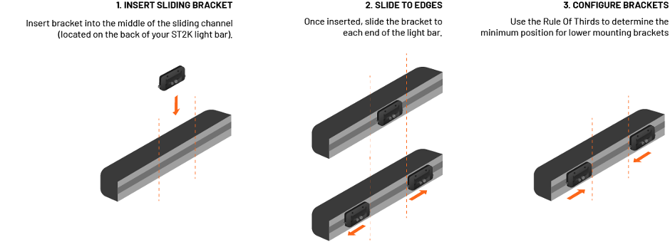 The STEDI™ ST2K Touch LED light bar sliding bracket assembly into roof rack channels.